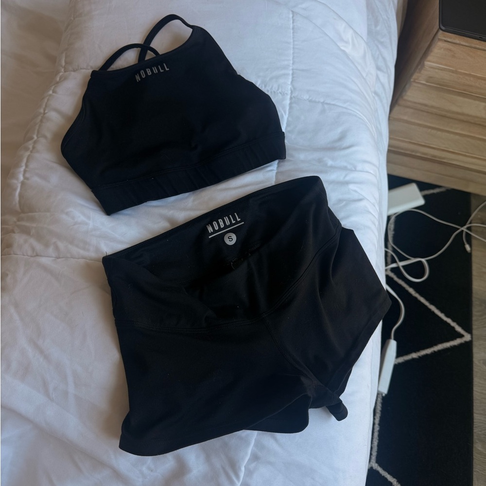 NOBULL Black High-Neck Sports Bra and Black Performance Shorts